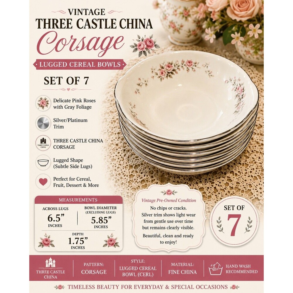 Vintage Three Castle China Corsage Lugged Cereal Bowls Set 7 Pink Rose Silver